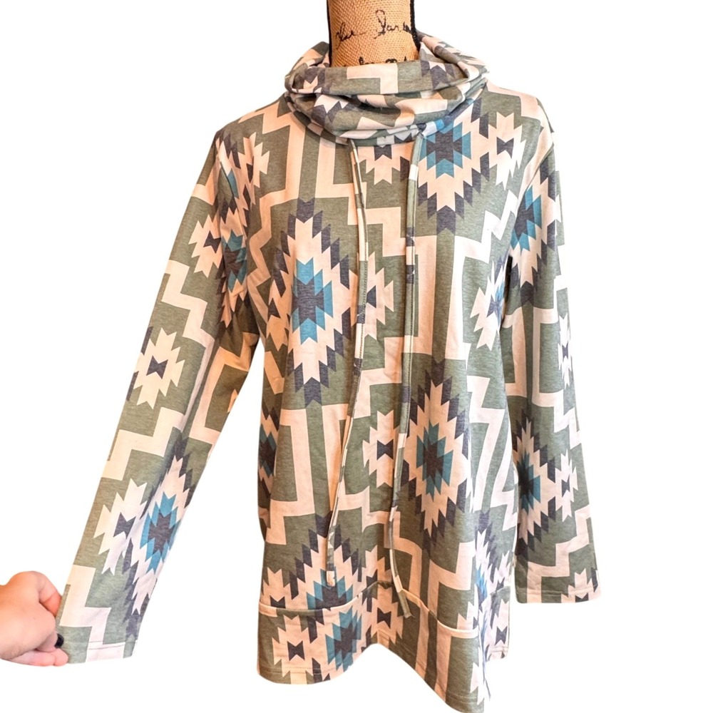 Crazy Train Womens Aztec Cowl Neck Tunic Pullover Sage Green Large